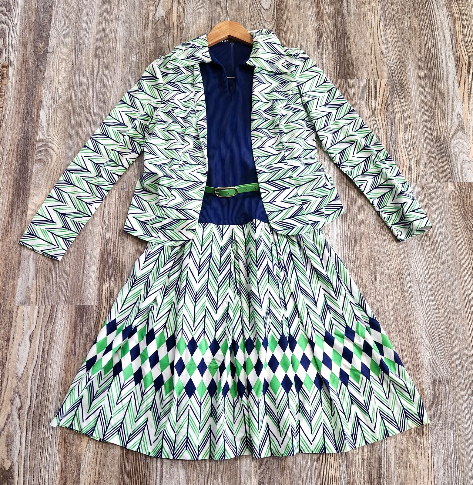 Vintage 70s L&rsquo;AiGLon Mod Two Piece Dress Jacket Set Womens M Drop Waist Retro