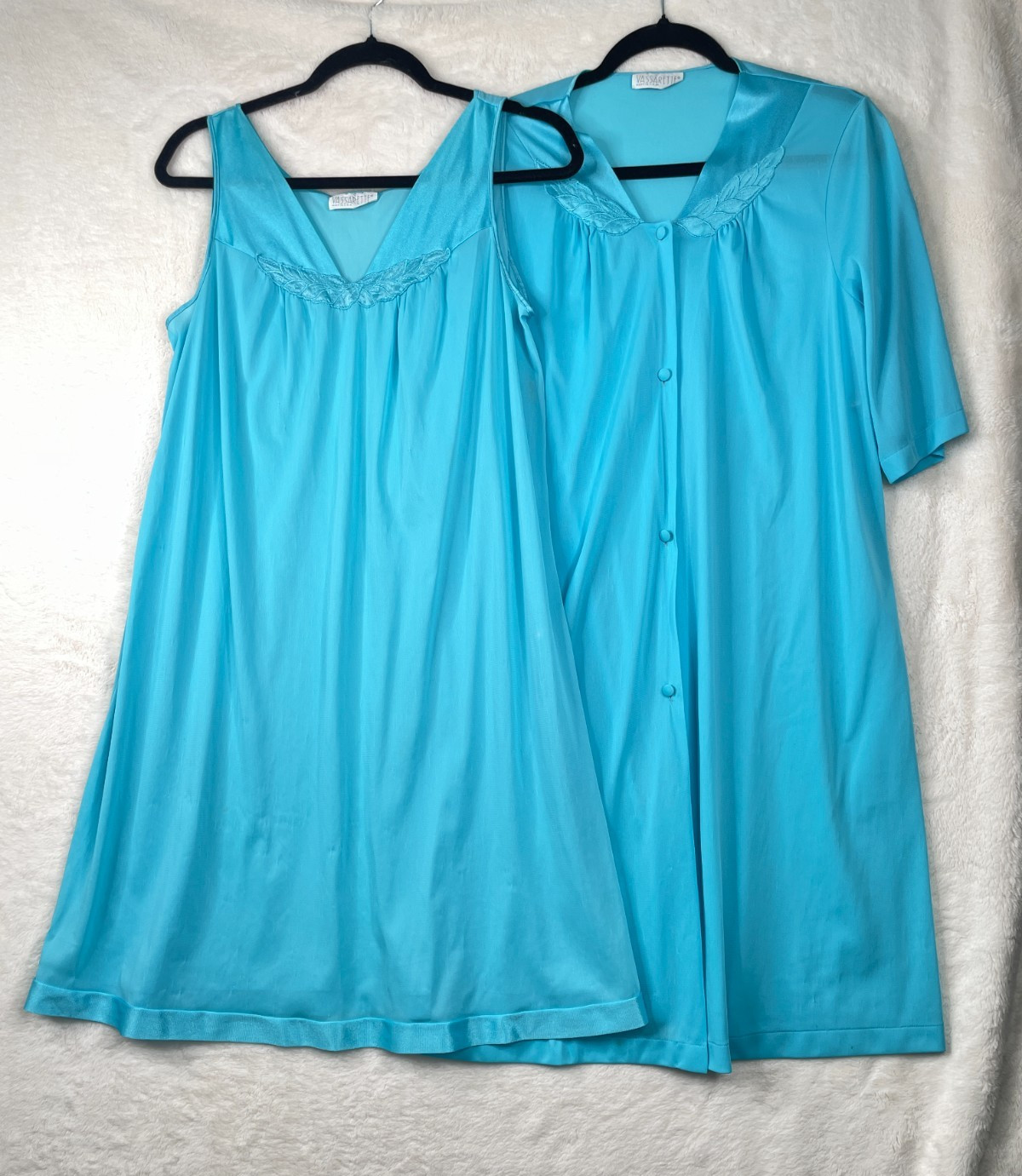 Vintage Vassarette Robe And Gown Set Womens Medium Nylon Aqua Blue USA