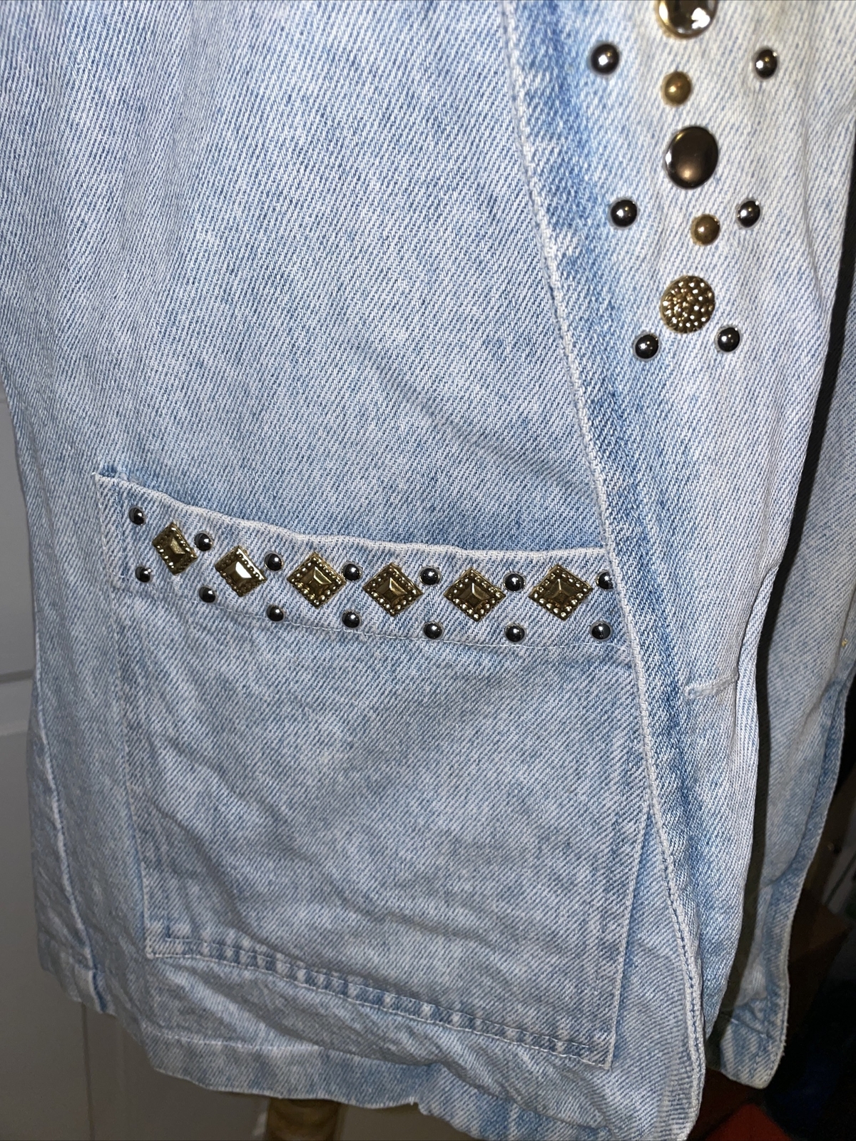 VTG RIO Light Blue Cotton Studded Western Button Denim Jacket Womens Sz S