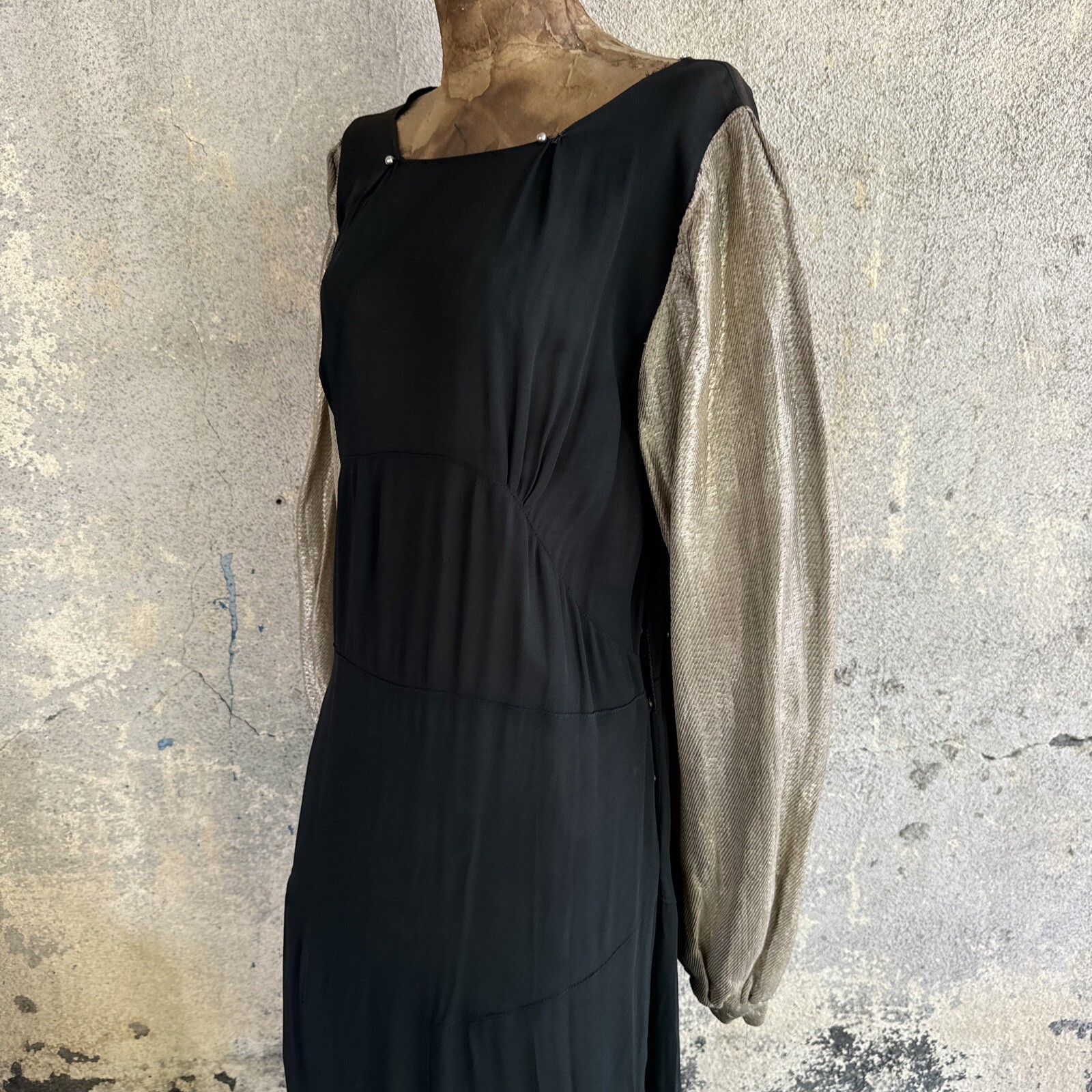 Vintage 1930s Black Silk Dress Silver Lamé Balloon Sleeves Metal Bead Accents