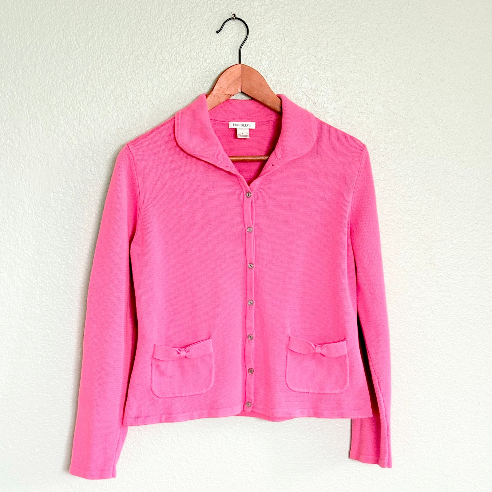 VTG Harold&rsquo;s Pink Bow Collared Twee Cotton Sweater Cardigan Size L