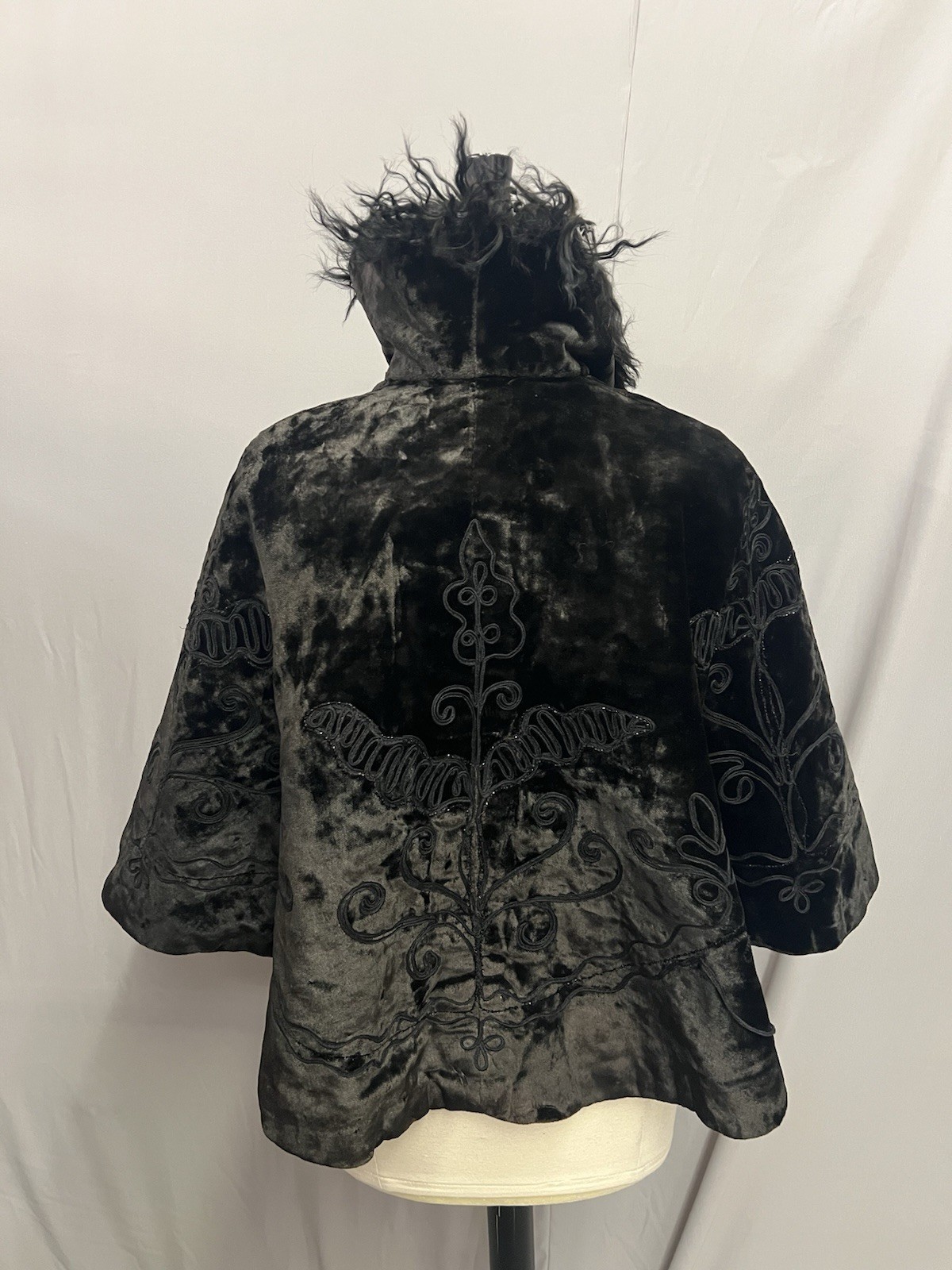 1890’s Antique Black Plush Velvet Cape Narrow Soutach & Jet Bead Trim
