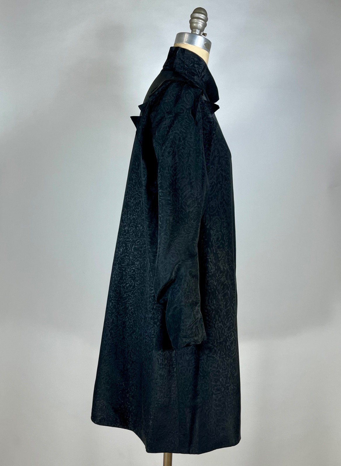 Vintage 1930&rsquo;s black double-faced MOIRE SILK opera coat w/unique shoulder design