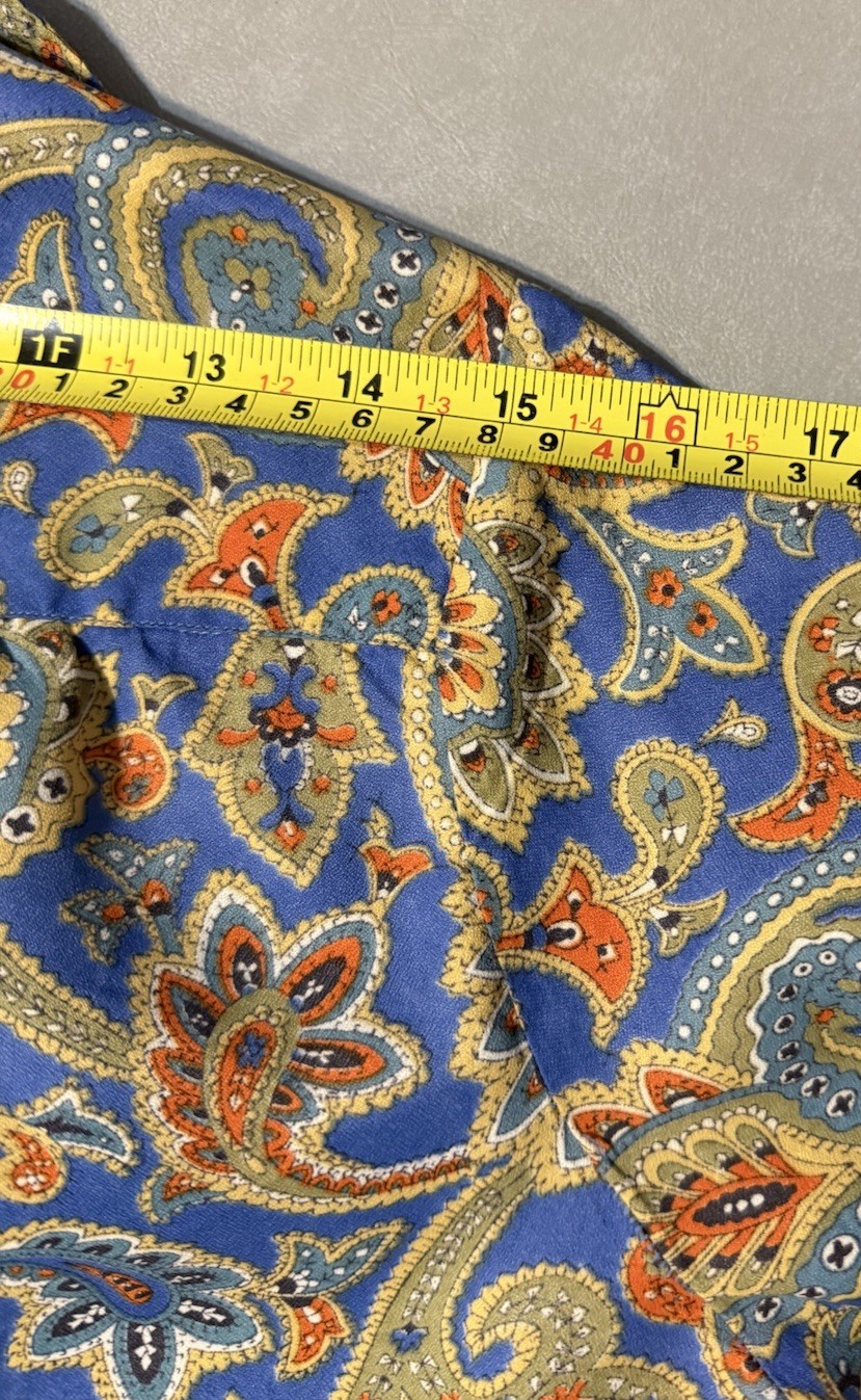 Vintage 70s Button Up Top Long Sleeve Blue Paisley Floral Women 6 Blouse EMILY M