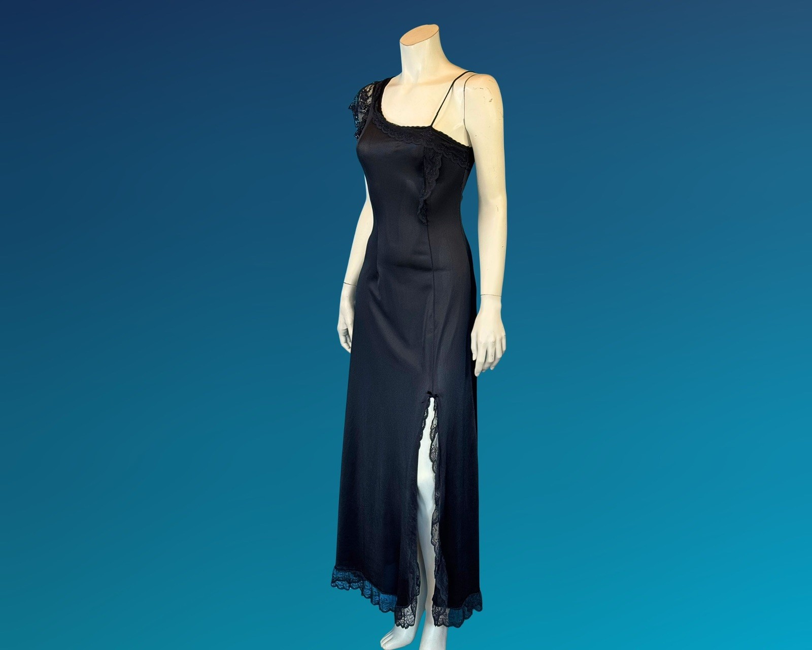 90s Dark Romantic Asymmetrical Black Negligee Slip Dress Nightgown | XS