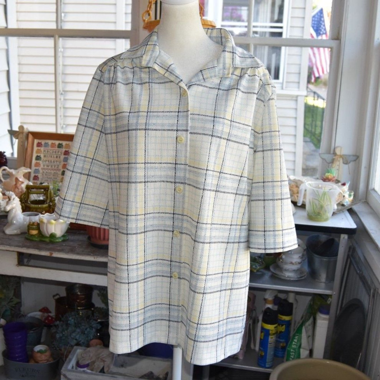 Vintage Plaid Poly Silk Blend Camp Shirt Blouse XL Cottagecore