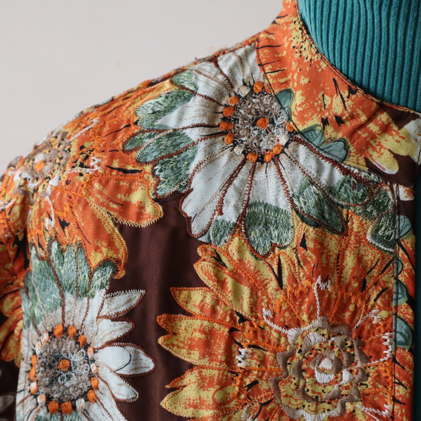 Vintage Embroidered Anu Jacket 100% Pure Silk, Orange, Gray, Brown Floral Sz Med