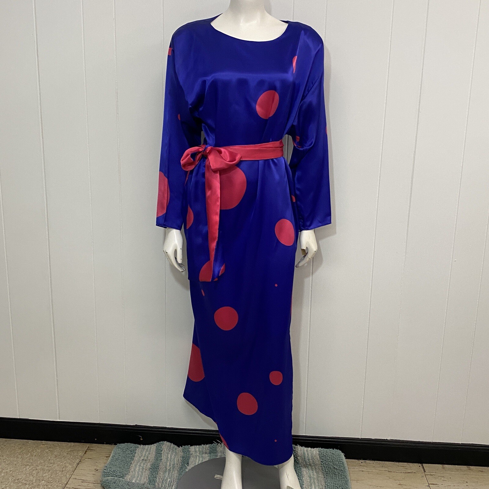 Vintage 80&rsquo;s Flora Kung Dress Womens Small Purple Poly Satin Belt Maxi Deadstock