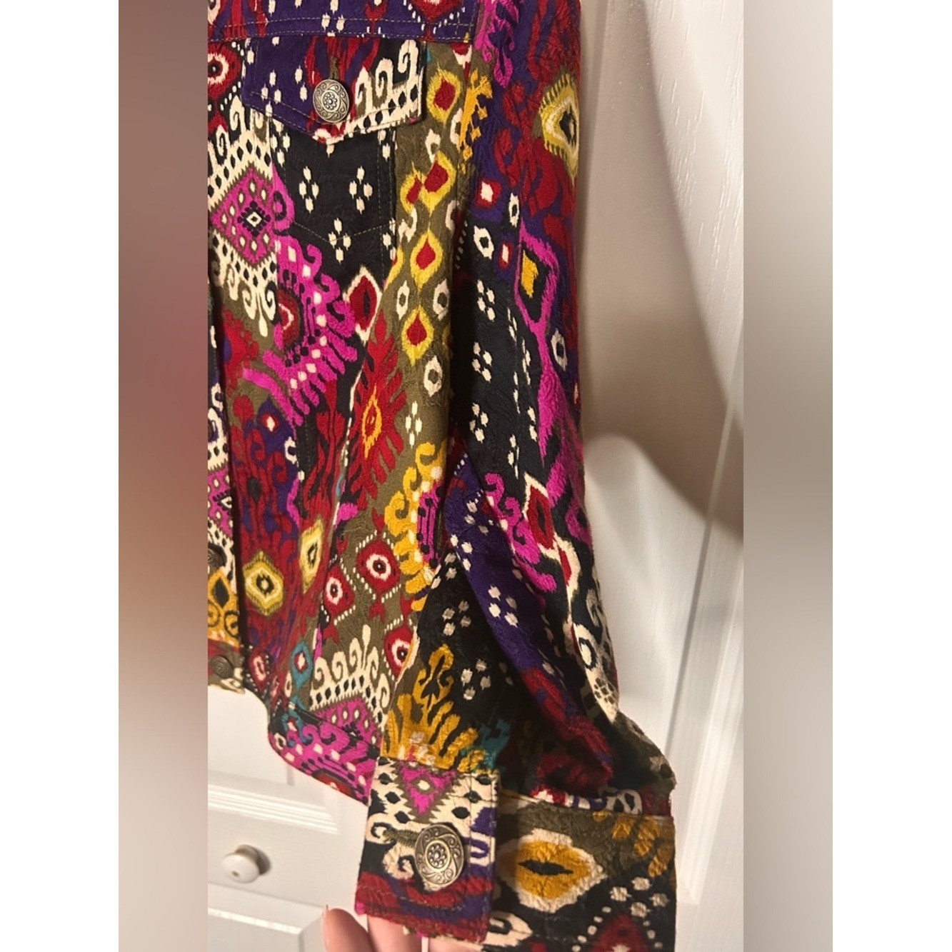 Ruby Rd Jacket Womens 10P Multi-Color Canvas Button-Up Collared Boho Abstract