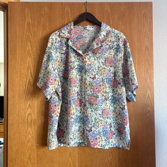 Bon Worth Button Up Shirt Retro Crinkle Fabric Floral Butterflies Camp Collar 1X