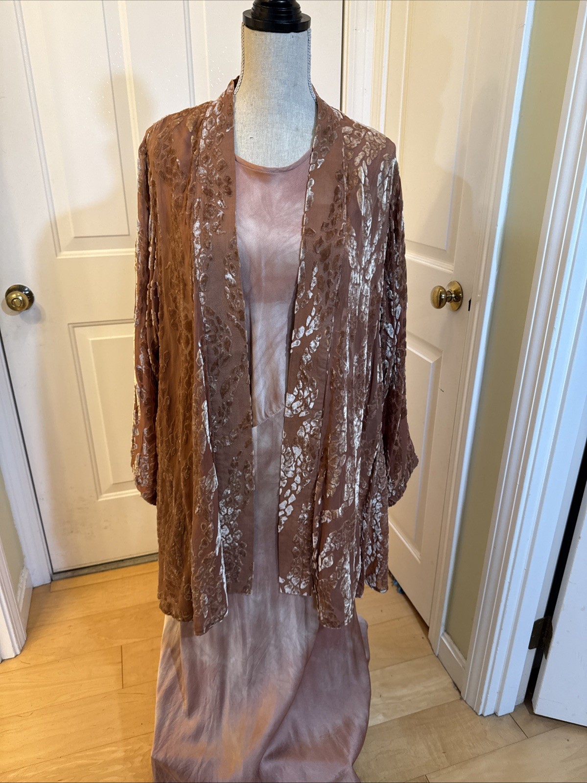 HANDPAINTED SILK GOWN Bright Side Mauve Pink Cut Velvet Jacket & Silk Dress Sz M