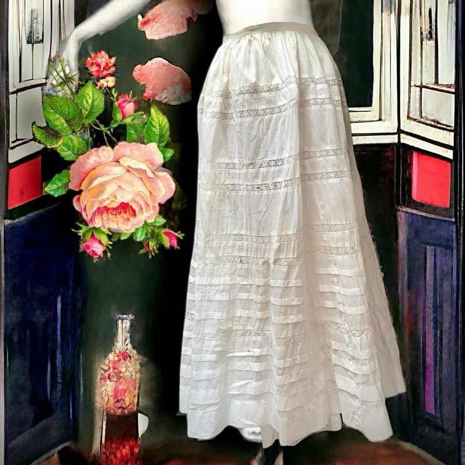 Edwardian Cotton Lace Petticoat Skirt Ruffles Antique Original 1900’s 26” Waist