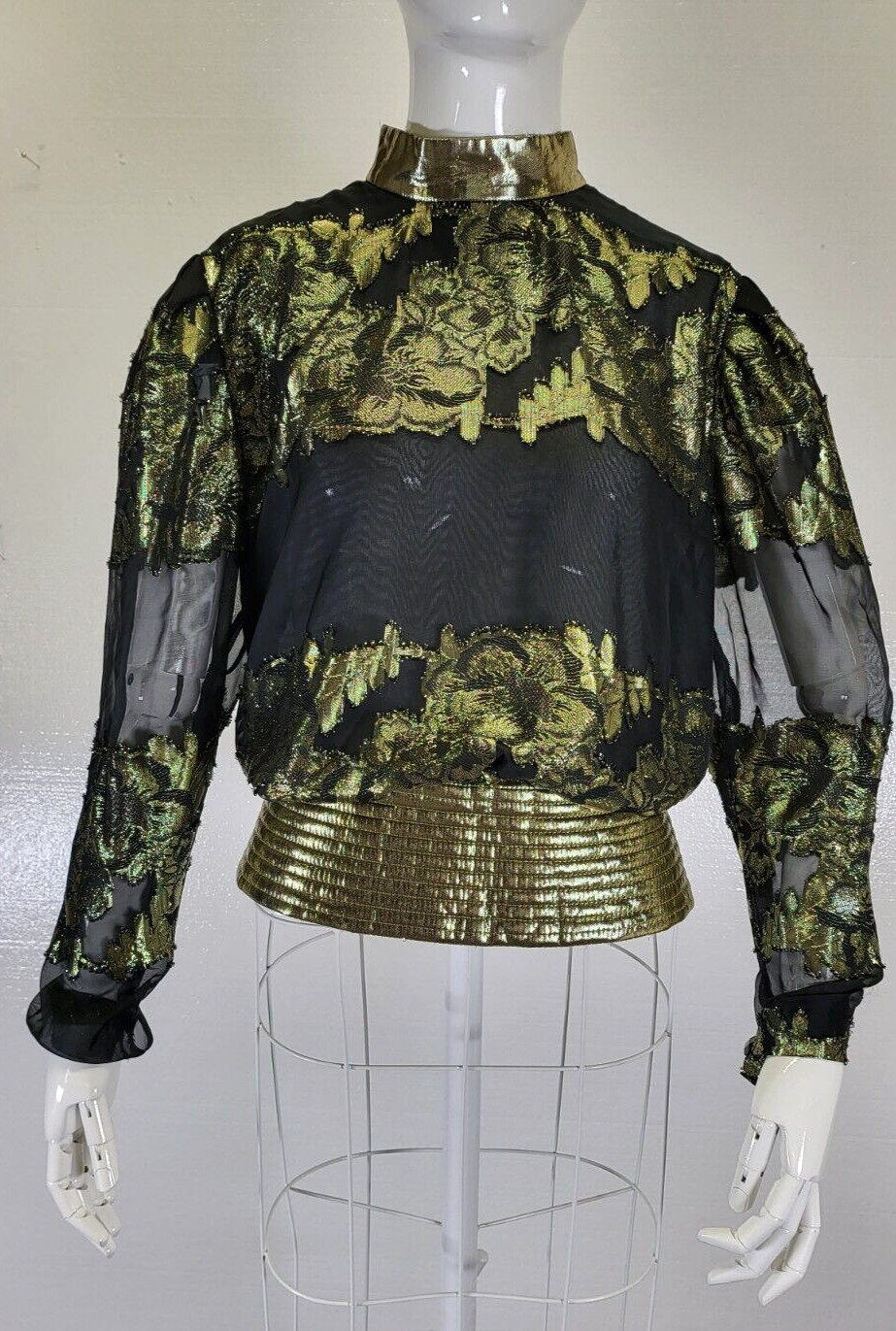 Gold Lame&rsquo; And Black Sheer Vintage Blouse Size 4 1980&rsquo;s Dynasty Fashion