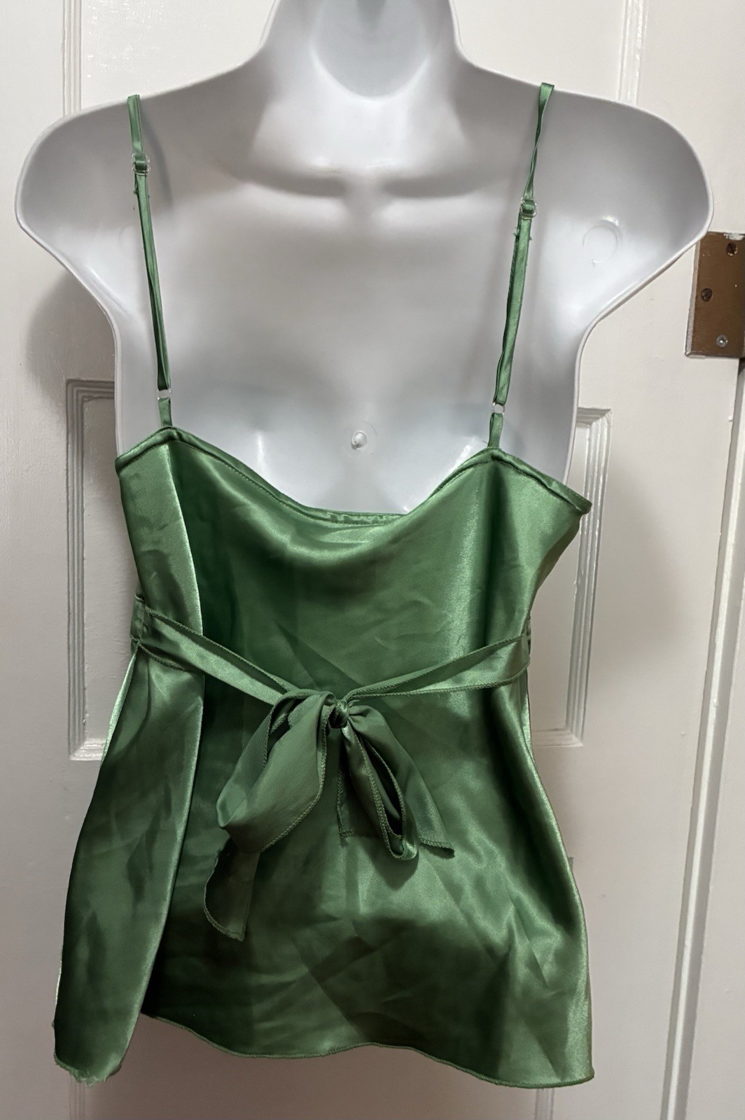 VTG 90s Y2K Top Green Satin Cami Babydoll Tank Tie Back Spaghetti Strap Blouse L