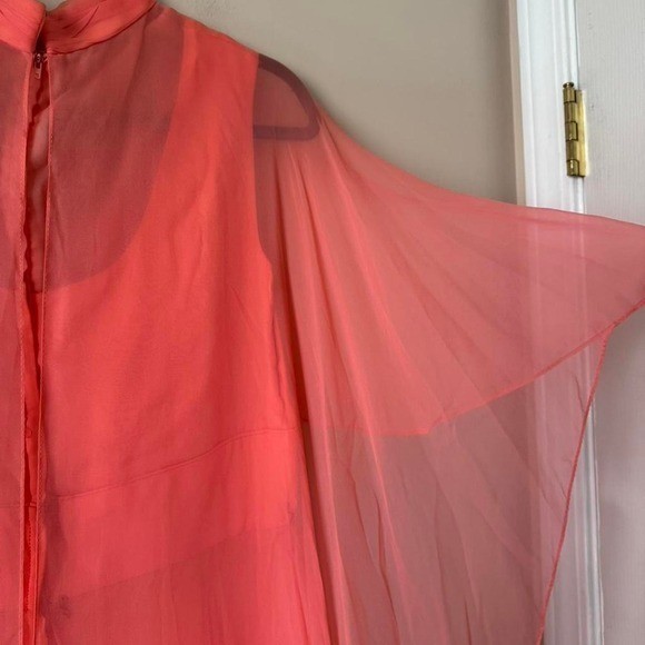 Vintage 60s Coral Chiffon Dress Large AS IS Maxi Waterfall Cape Flutter Angel