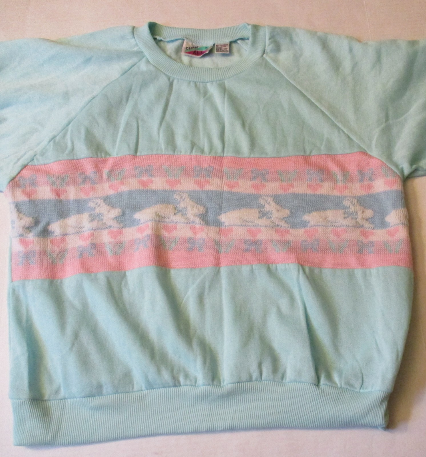 Center Aisle Plus Bunny Rabbit Sweater 44/24W Vintage 1980&rsquo;s Women&rsquo;s Blue Pink
