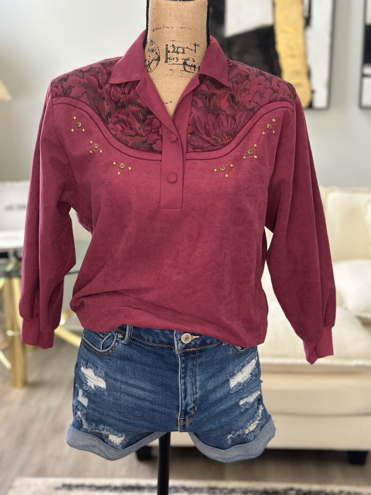 Vintage Graff Division of Graff Burgundy Faux Suede Western Blouse