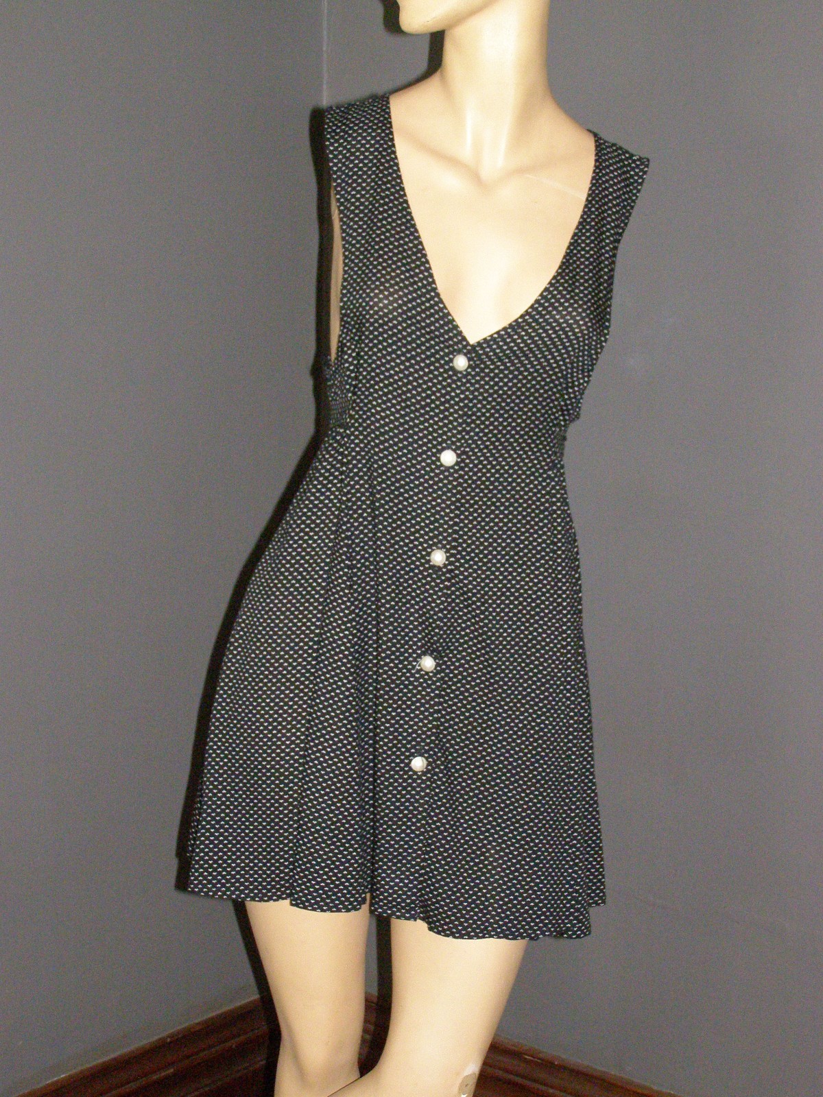 Vintage 90&rsquo;s black pearl button up MINI DRESS S M tie back waist V-neck GRUNGE