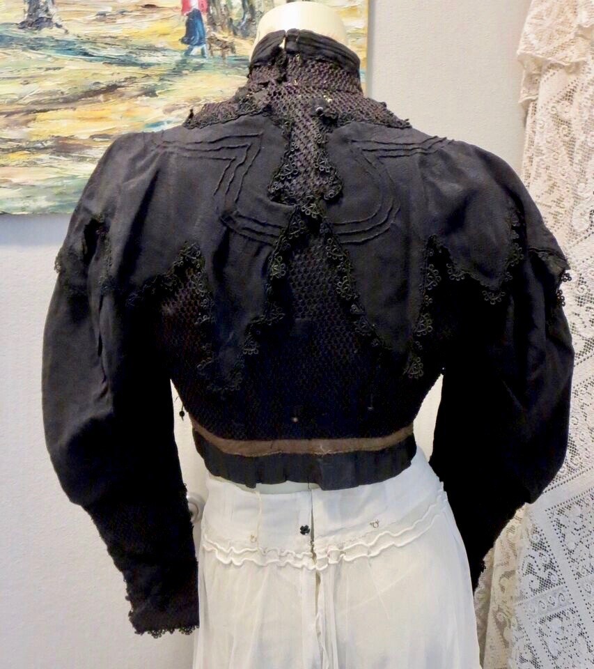 Antique 1890s Bodice Jacket Victorian High Neck Black Silk Ivory Lace Boned 30&Prime;B
