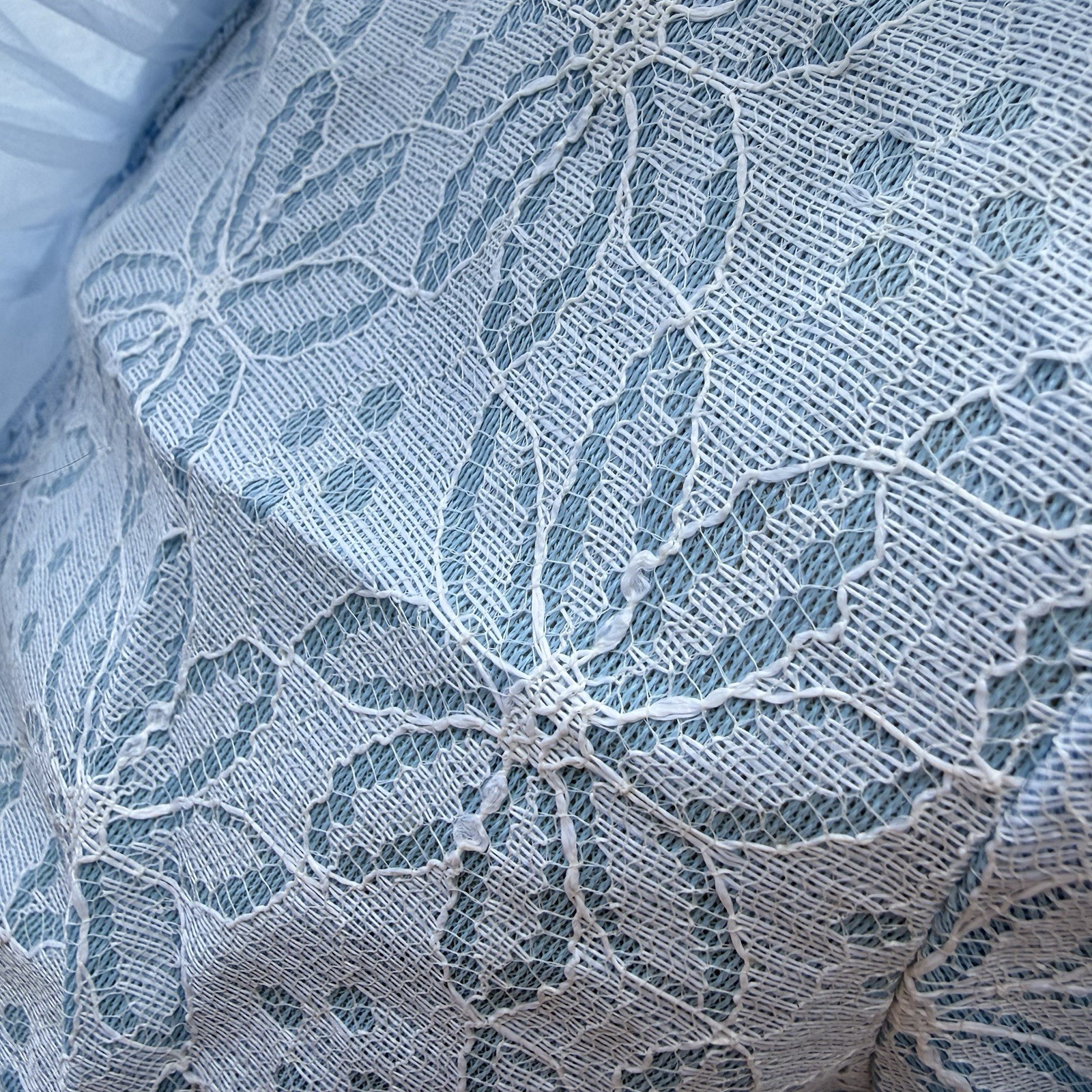 Vtg 70s Powder Blue Lace Eyelet Tuxedo Blouse Dramatic Ruffle Blouse see pics