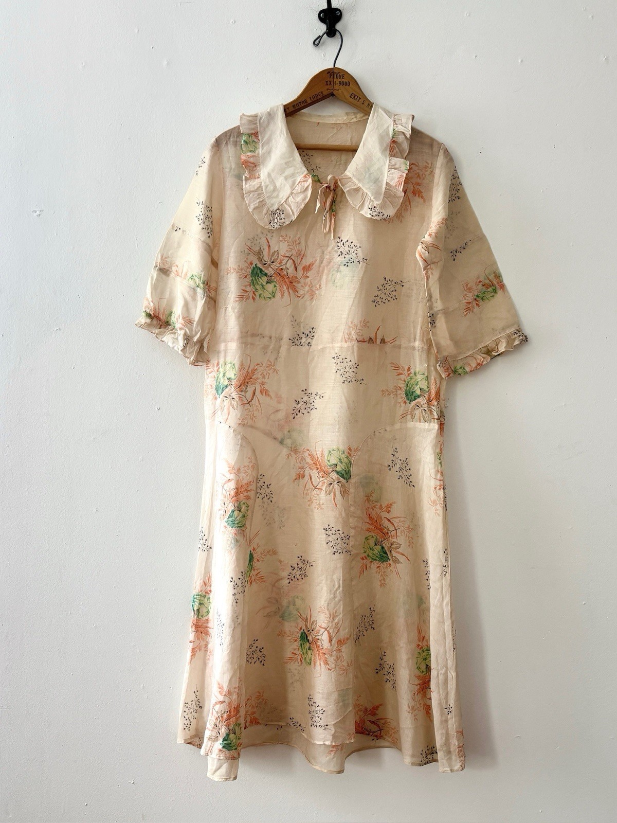 Antique 1920s Sheer Printed Floral Cotton Voile Midi Length Day/Tea Dress