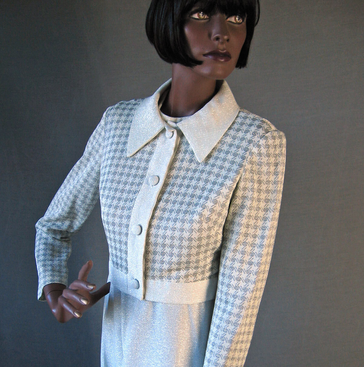70s VTG Silver White Lurex Metallic Maxi Dress and Cropped Bomber Jacket Outfit