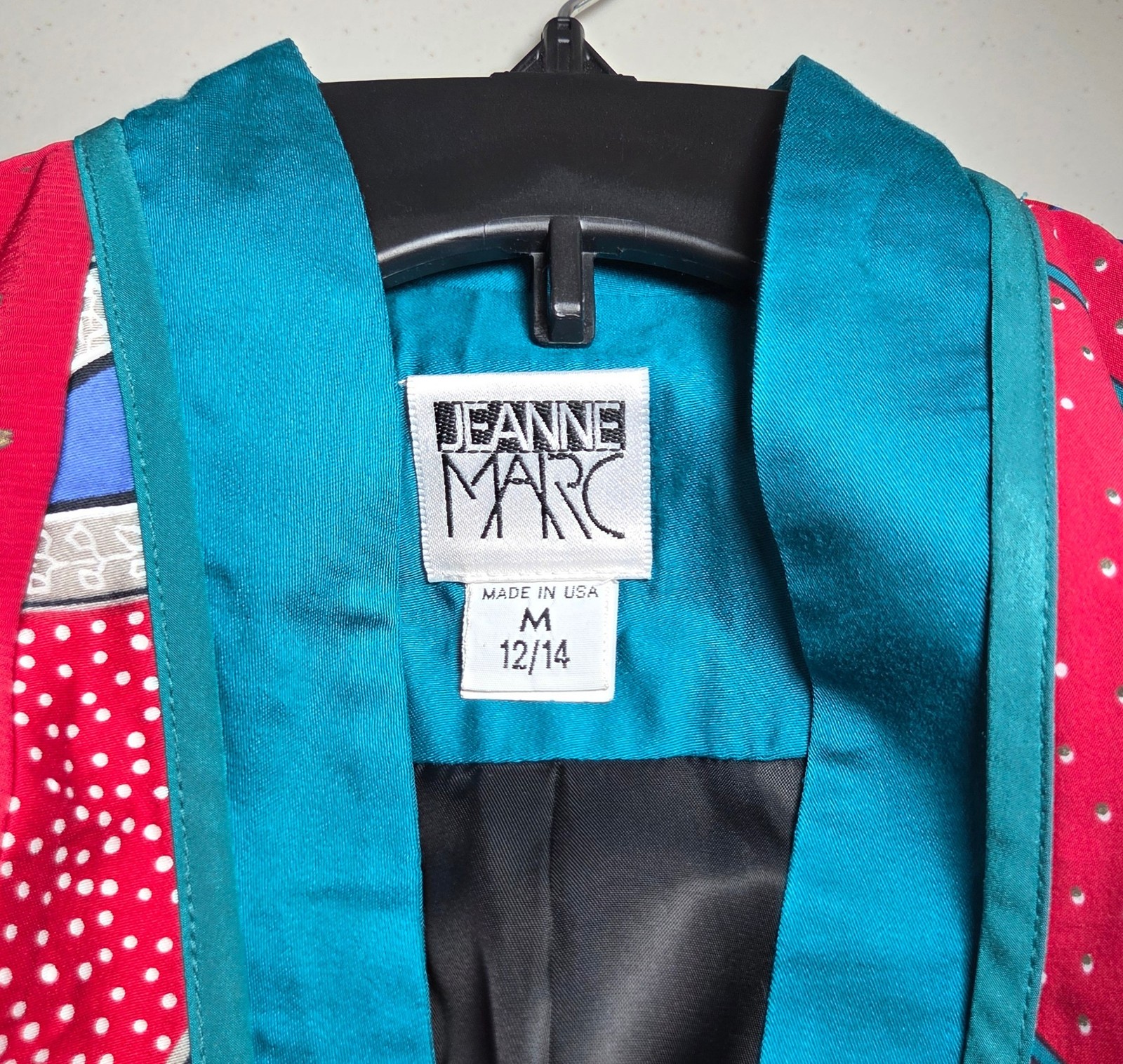 1980s JEANNE MARC Bright Teal Multi Print Patchwork Jacket Duster Coat M 12/14