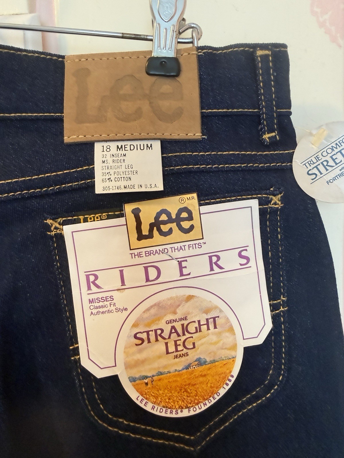 VTG NWT 80s Ms Lee Stretch Jeans Leather Patch High Waist Straight Leg Size 18