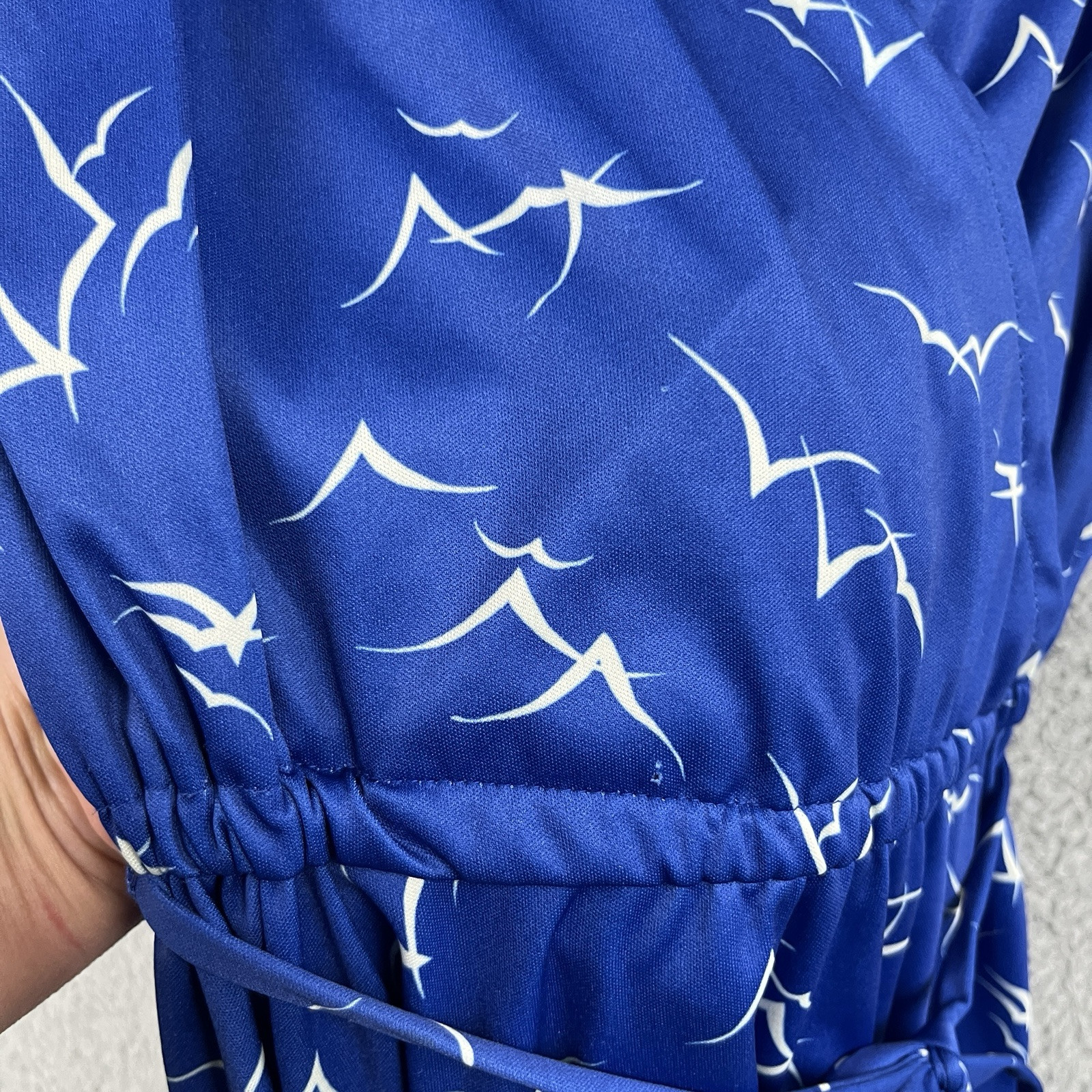Vintage 70s Dress Womens Small Blue Seaside Seagulls All Over Print Tie Shoulder