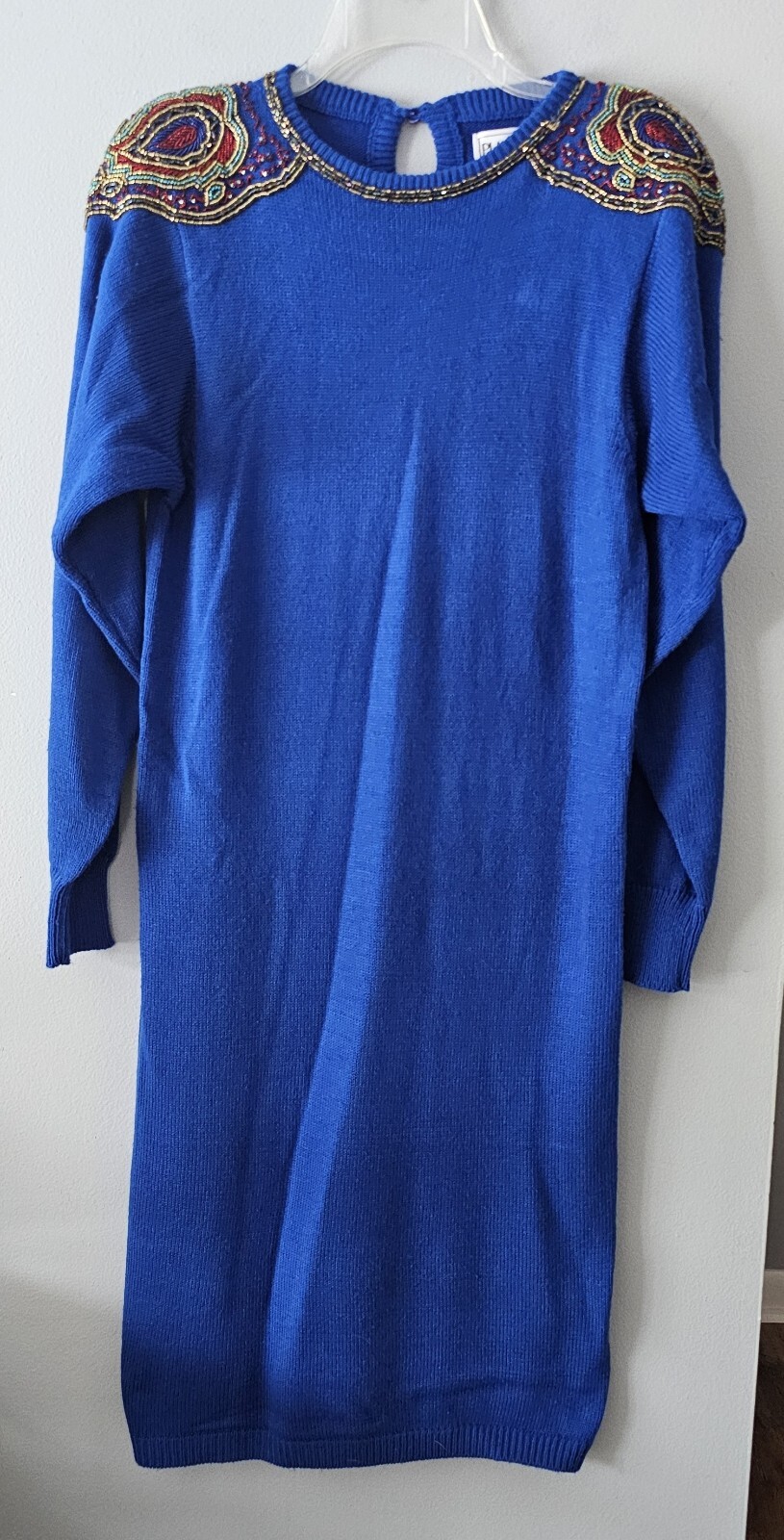 Vintage Sweater Dress Womens Small Royal Blue Knit Bodycon Beaded 80s Plain Jane