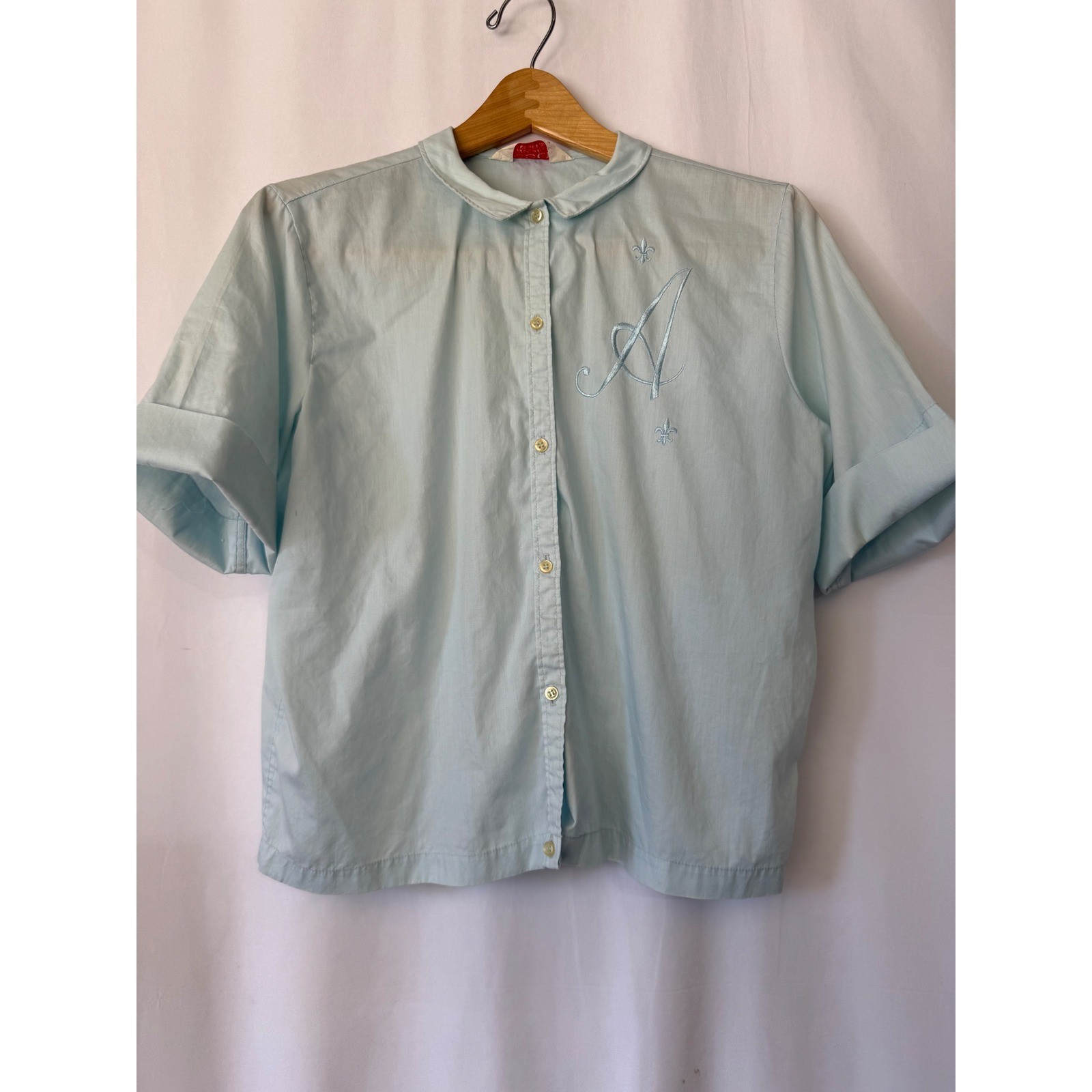 Vintage Kodel Blue Embroidered Initial A Monogram Peter Pan Collar Shirt 38