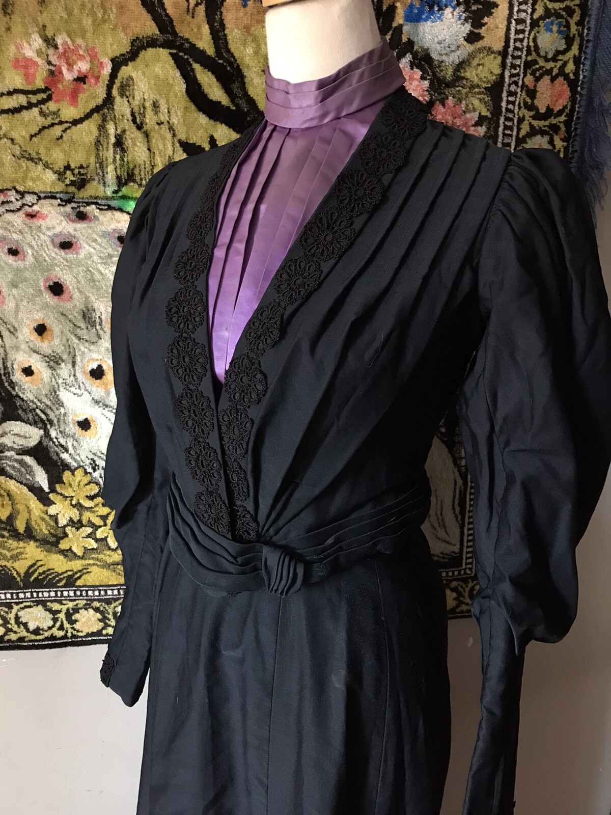 Antique 1890’s Gilded Age Black Wool and Silk Walking Dress Bodice and Skirt