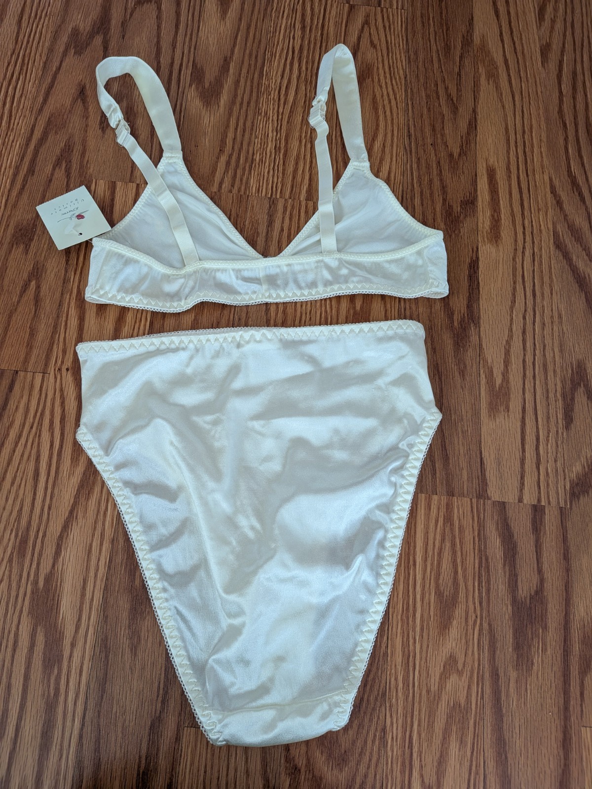Vintage JCPenney Ultimate Basics shiny ivory satin panties front hook bra set S