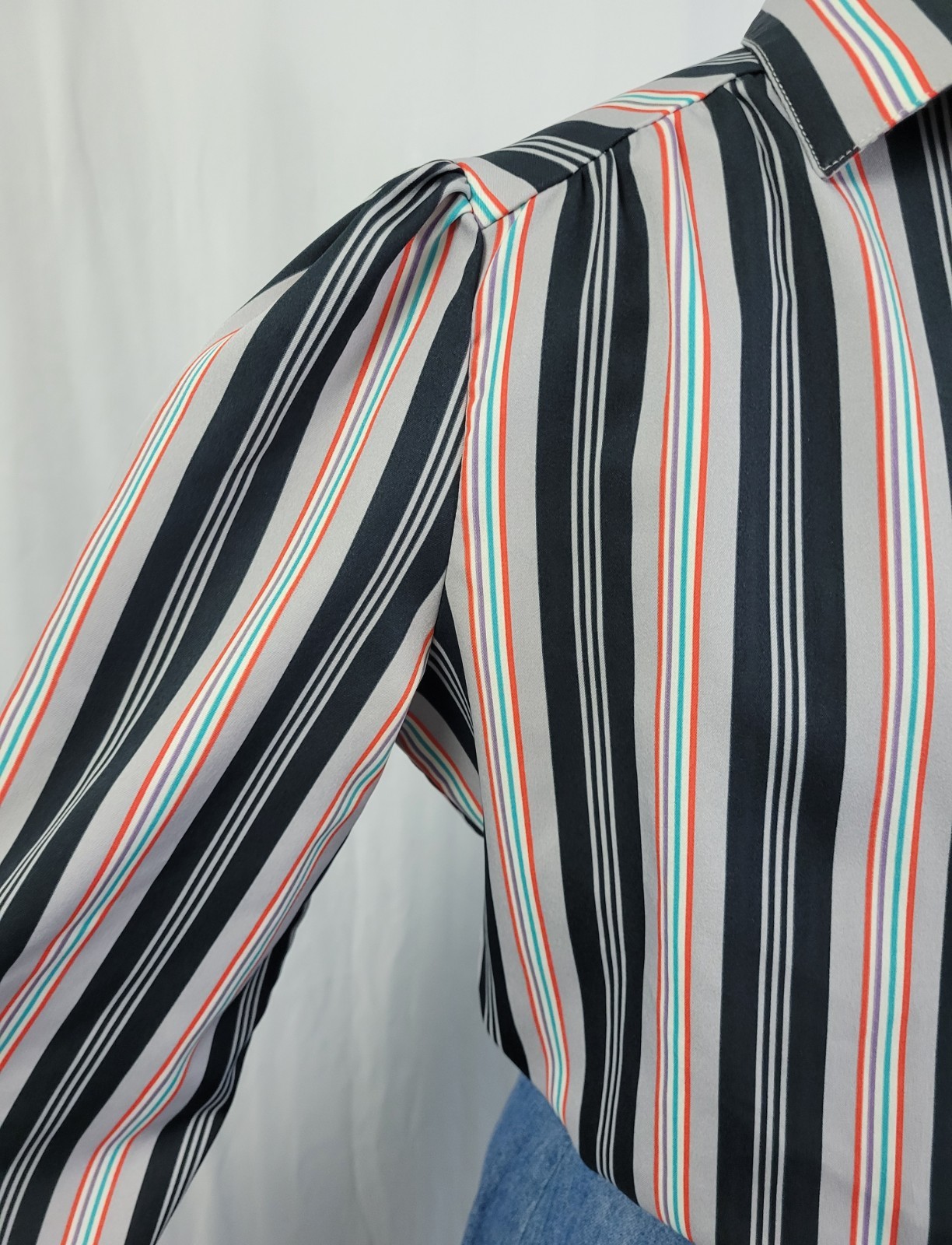 Vintage Grey & Black Striped Button Down Top w Red/Teal/Purple Accent Size 16