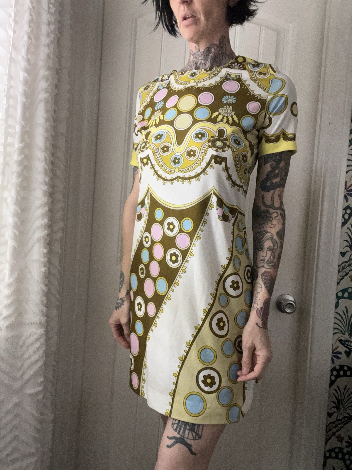 Vtg 60s Robinsons CA Made In Italy Mod Mini Dress Geometric Novelty Print S/M