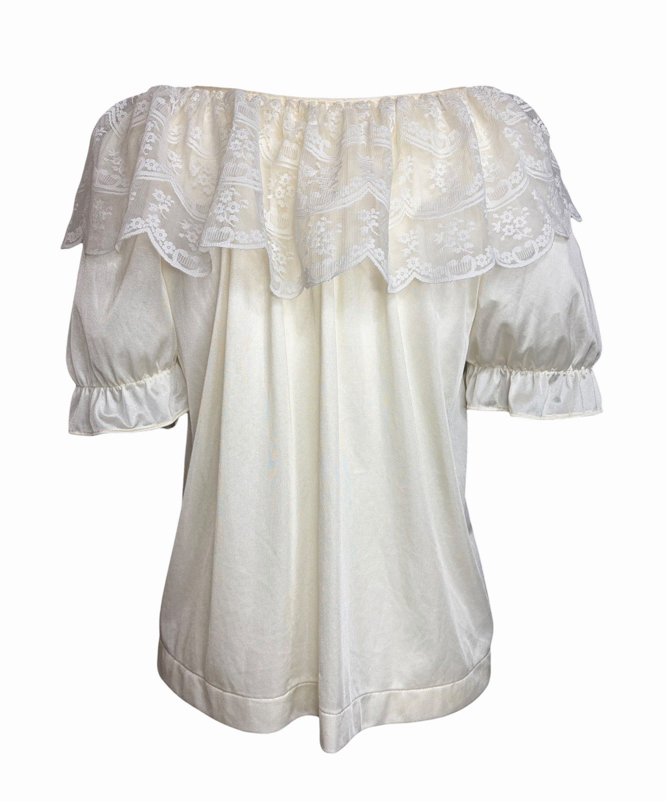 Vintage Ivory Lace Bed Jacket M Cropped Open Front Coquette Boudoir Nylon Top
