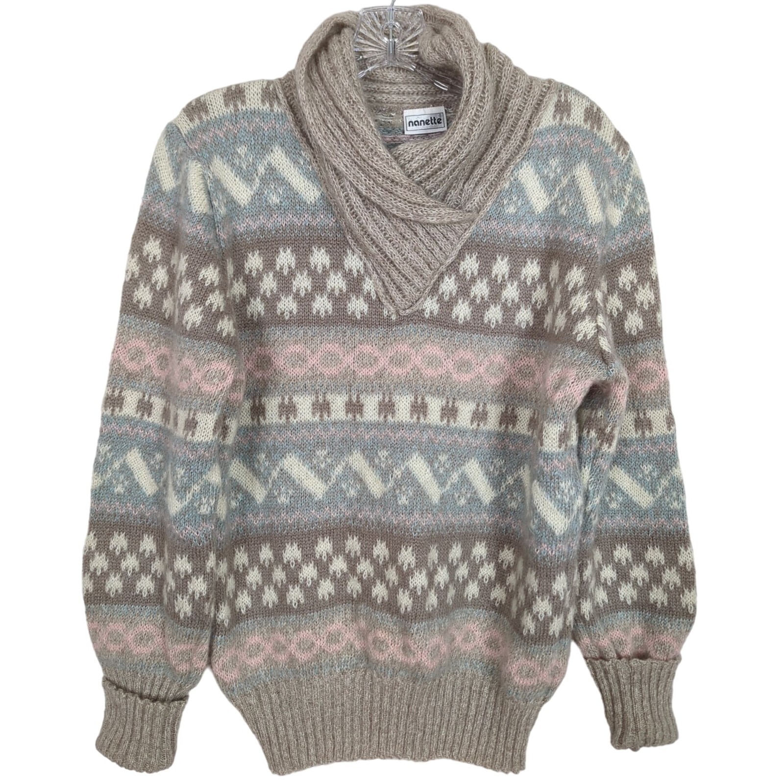Vintage Nanette Women&rsquo;s Fair Isle Sweater S/M Pastel Pattern Shawl Collar