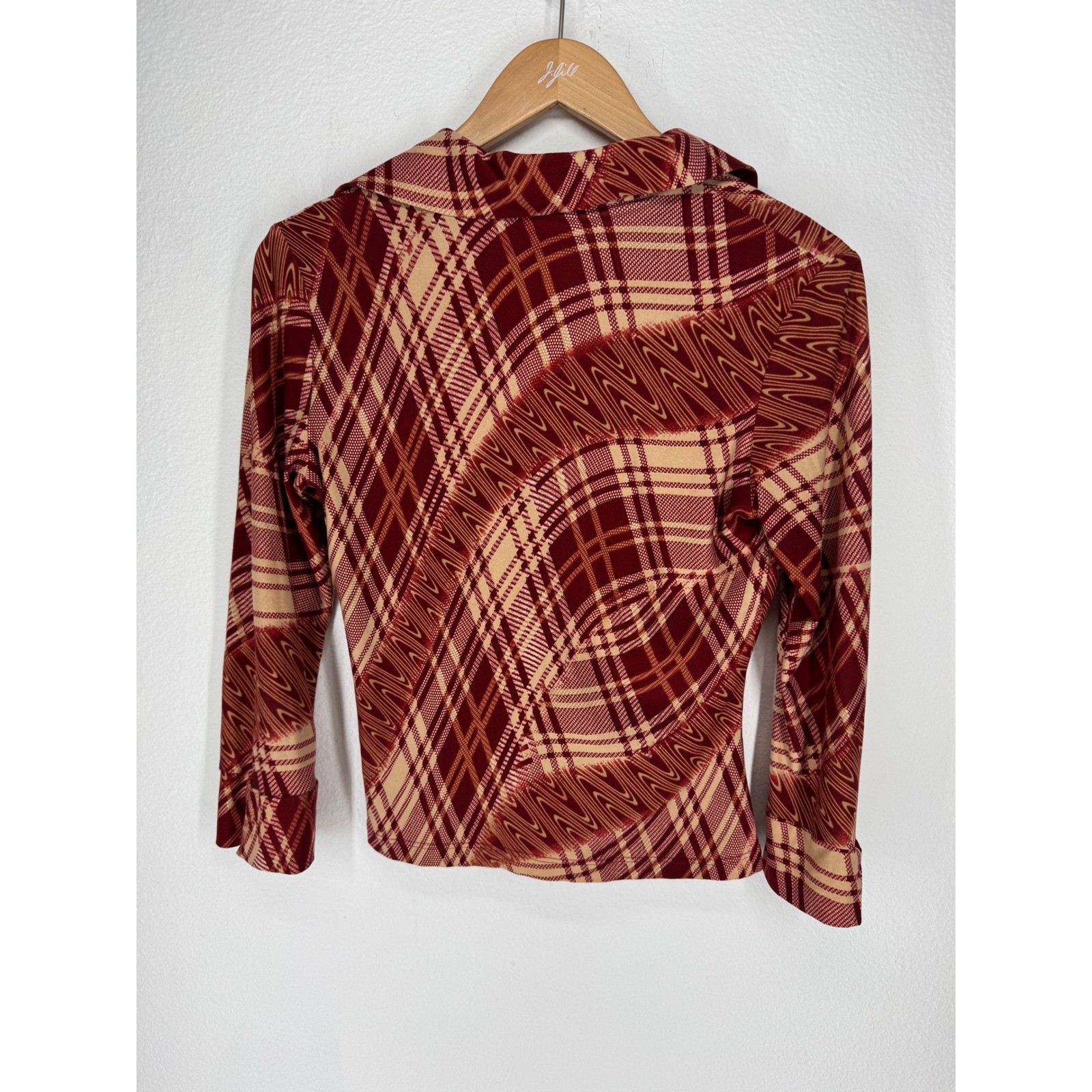 Vintage 90s Y2K Abstract Button Blouse Small Burgundy 70s Style Disco Stretch