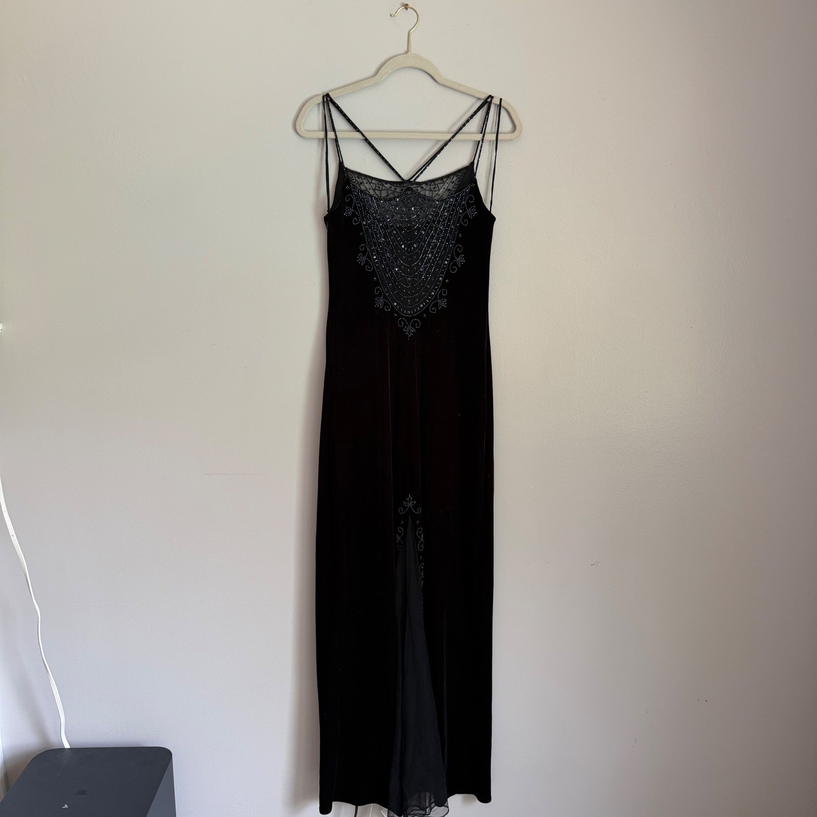 Dave & Johnny Laura Ryner Vintage Black Velvet Beaded Maxi Dress Prom Gown 11/12