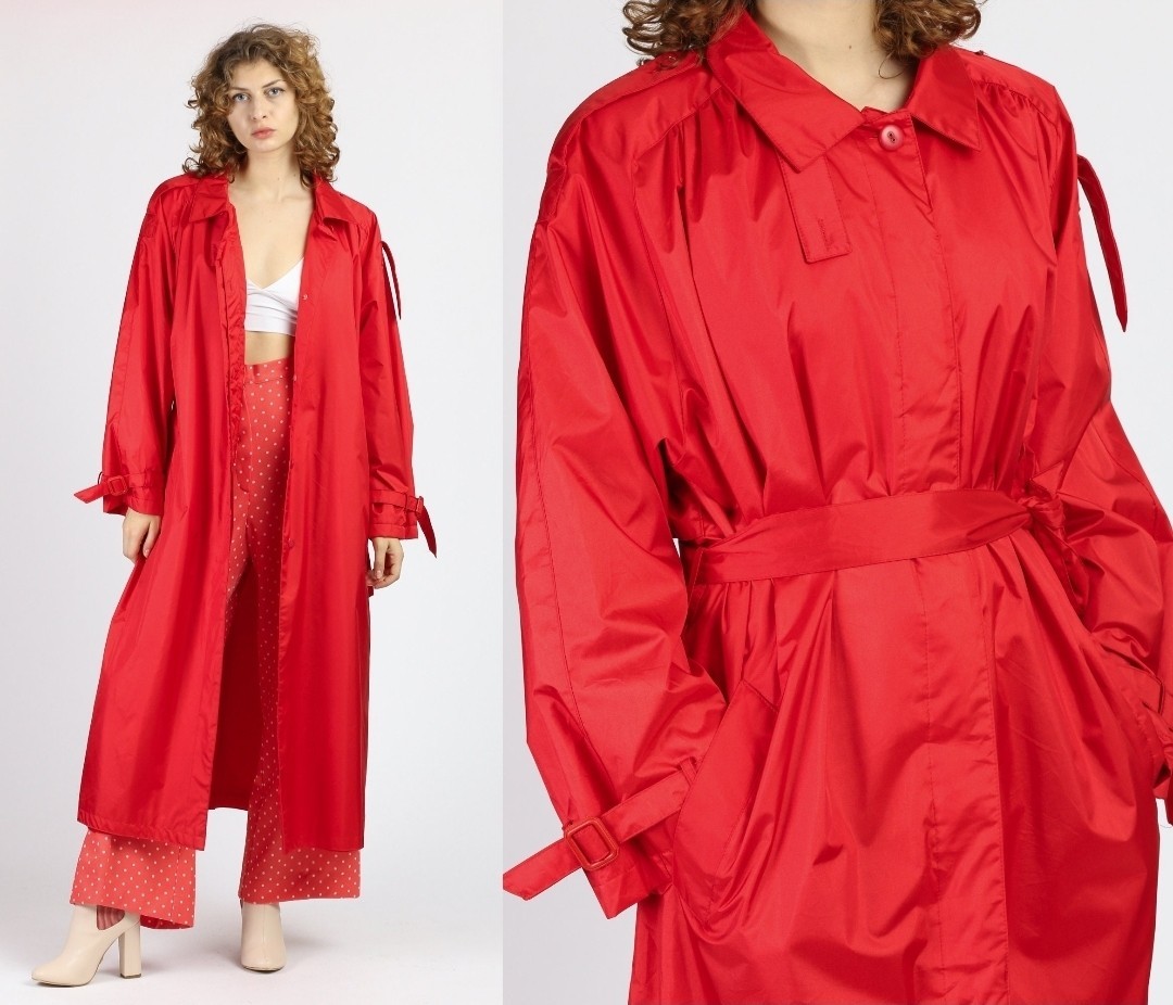 Vintage 80s Paris Sport Club Red Belted Long Nylon Trench Coat Women&rsquo;s 7/8 M