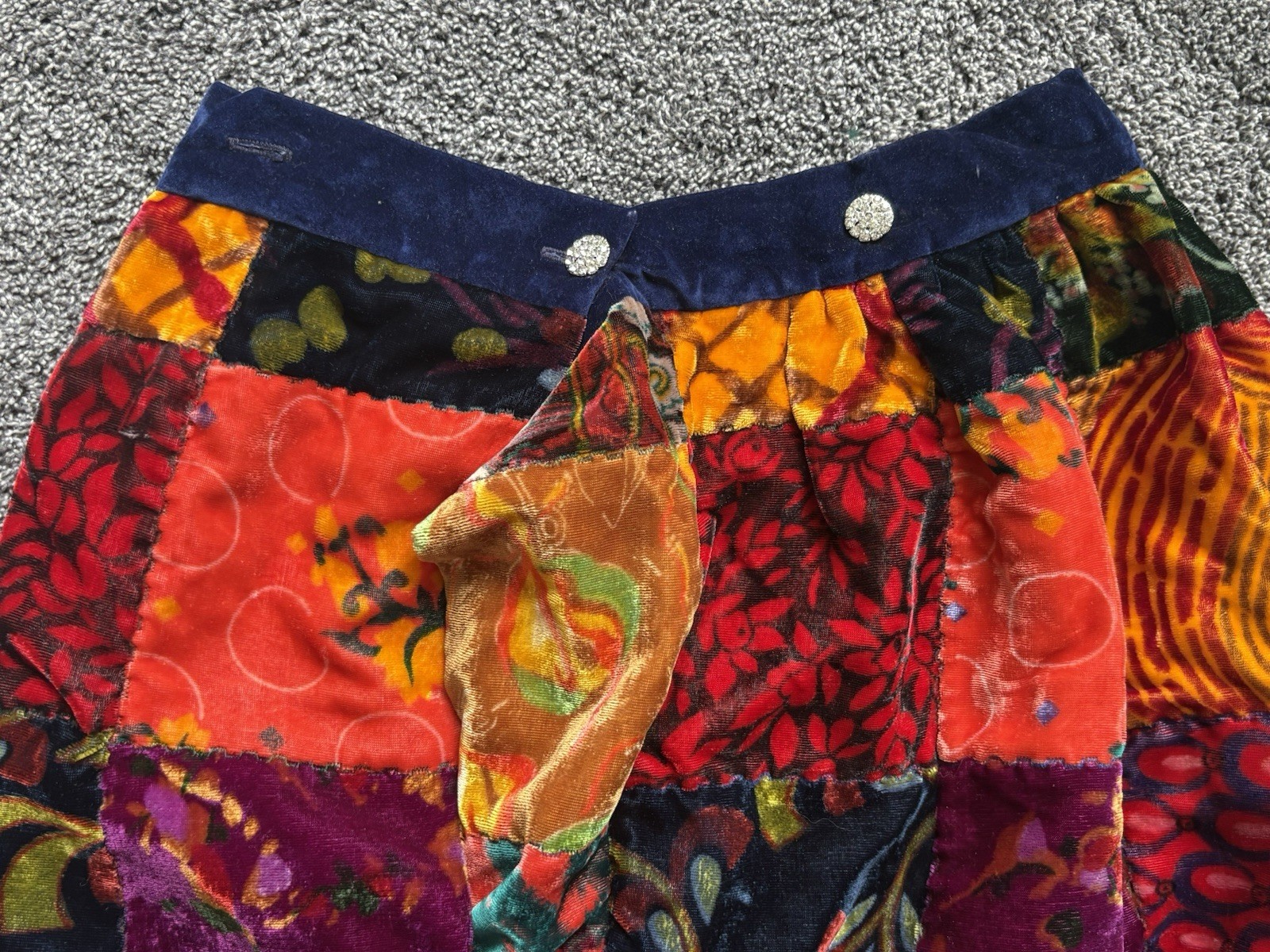 Vintage 1970s Velvet Patchwork Maxi Skirt Eclectic Mix Floral Geometric Vibrant