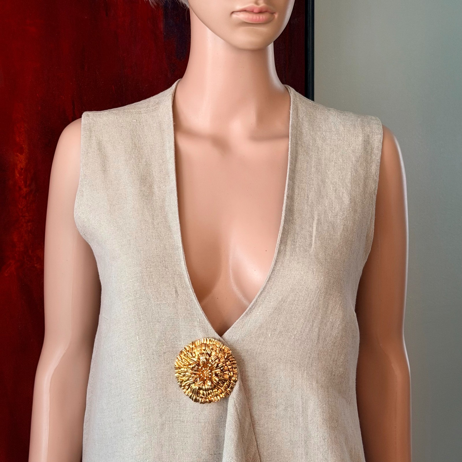 GIANFRANCO FERRE beige asymmetrical flared sleeveless linen dress size 44