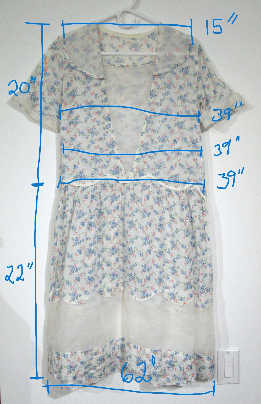 ANTIQUE VINTAGE DAY DRESS 1920S DROP WAIST COTTON FLORAL ORGANDY ART DECO M F4