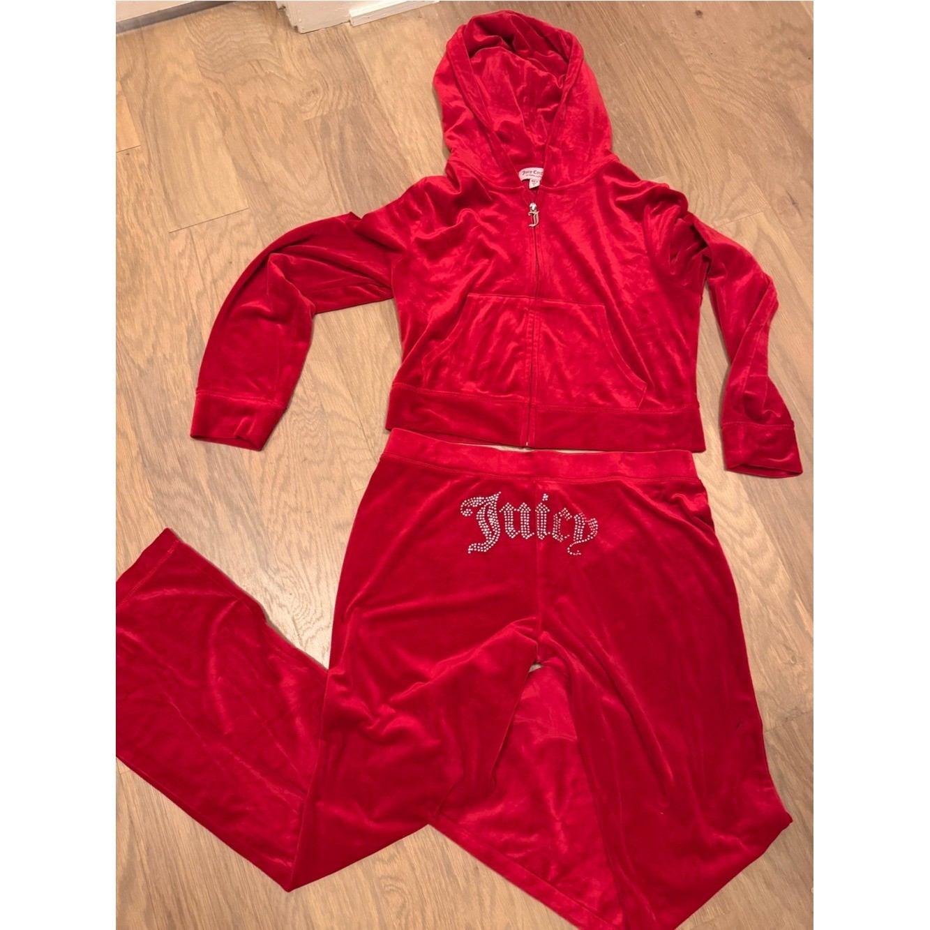 Y2K Juicy Couture Red Velour Track Suit Set – Size L Iconic Rhinestone Logo