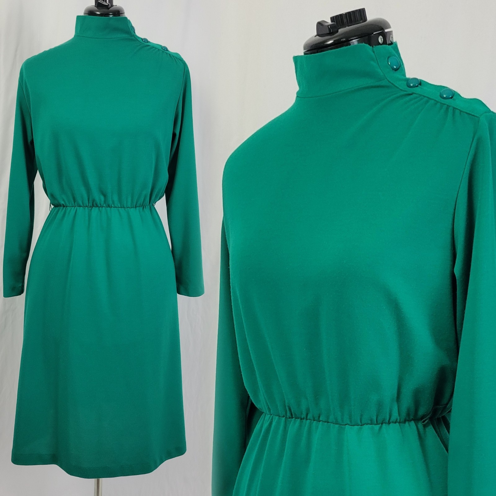 Vintage Blair Green Knit Blouson Dress w Shoulder Buttons Size 12P