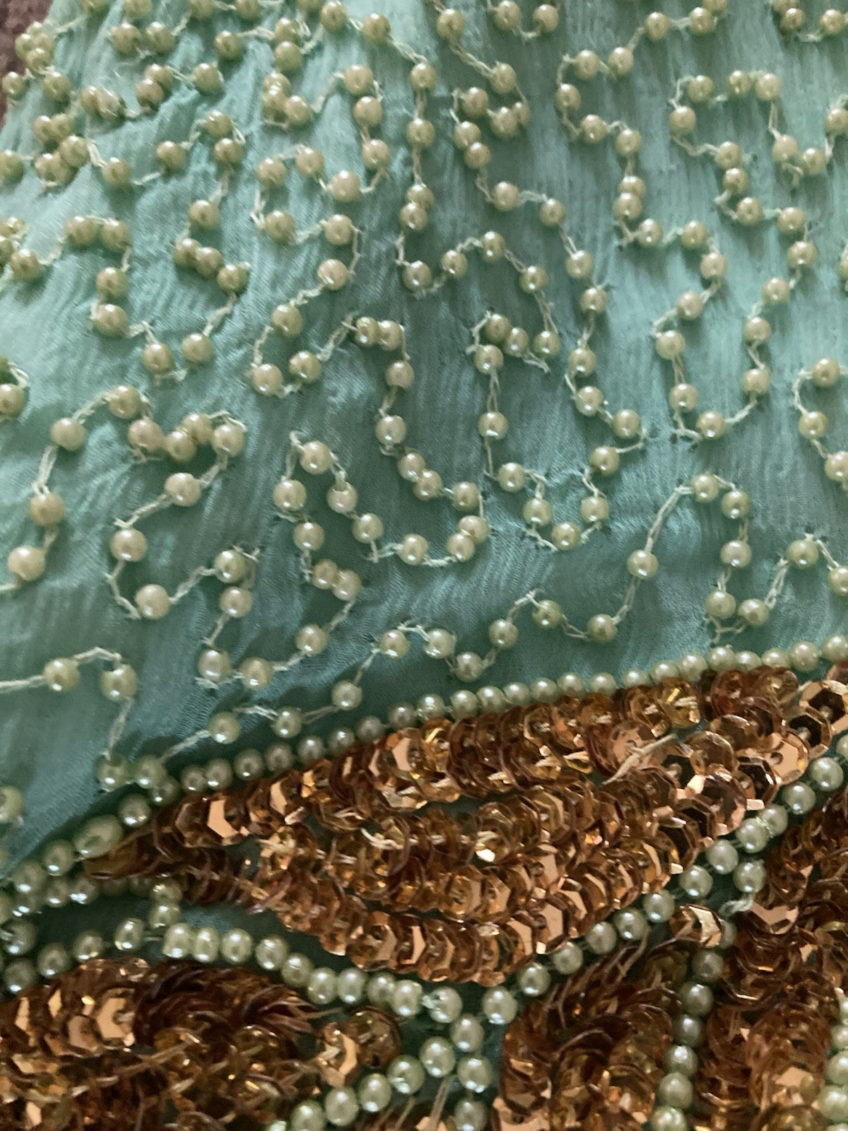 Vintage Silk Beaded Top Large Creative Touch Made In India Green And Copper