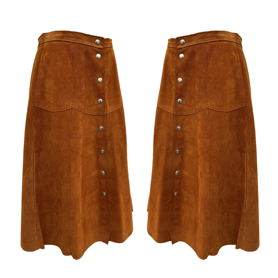 Vintage 1970s Rust Color Snap Up Heavy Suede Skirt