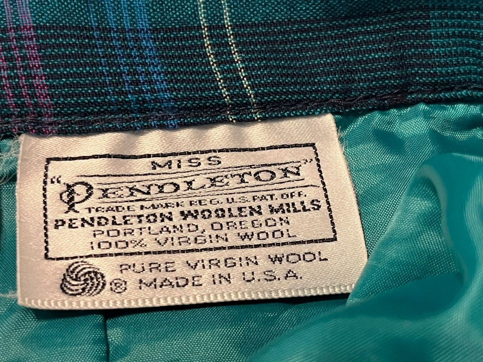Vtg Miss Pendleton Virgin Wool Blazer Pleated Skirt Navy Turquoise Green Size 8