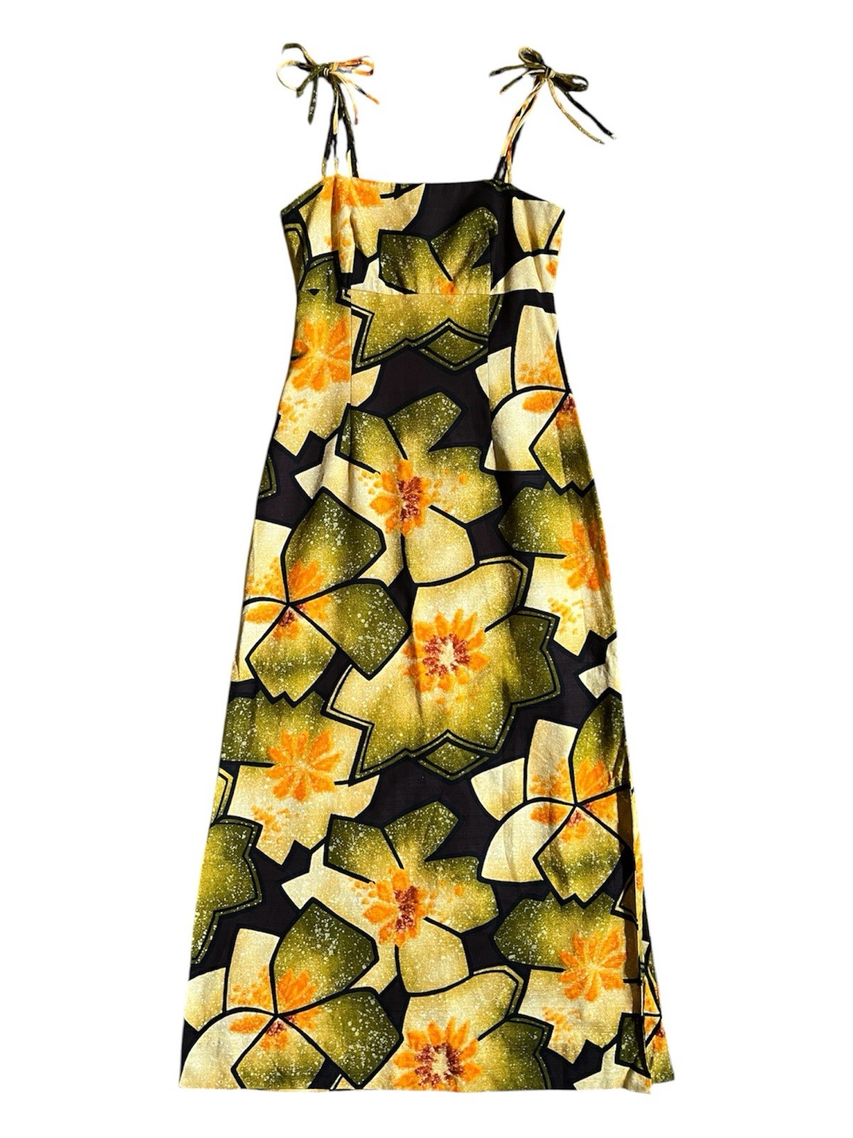VTG 60s 70s Hawaiian Barkcloth Maxi Dress floral yellow Shoulder tie Sleeveless