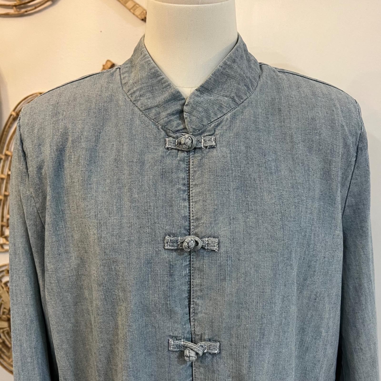 Vintage Chambray Frog Closure Jacket Mandarin Collar Tie Waist Minimalist 16